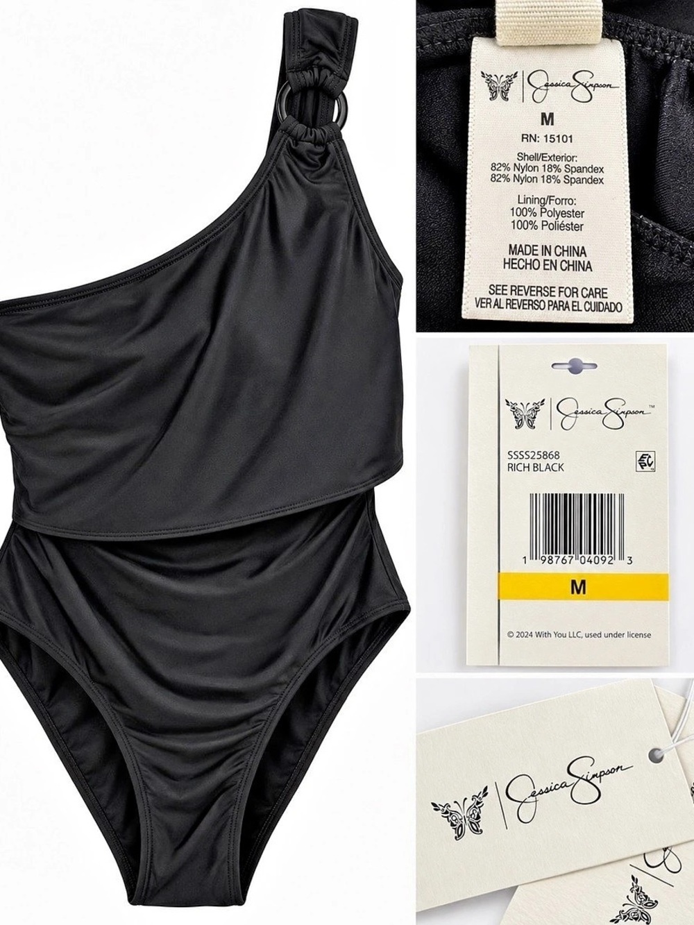Jessica Simpson Cut Out One Shoulder One Piece Swimsuit One-Piece Swimsuit Black